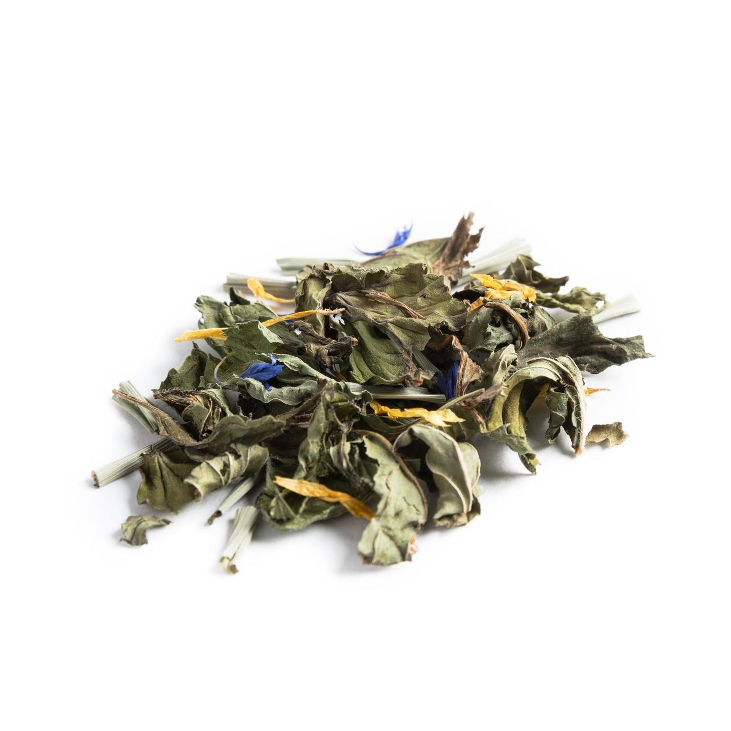 A pile of dried loose leaf tea consisting of peppermint leaves, lemongrass, and various blossoms.