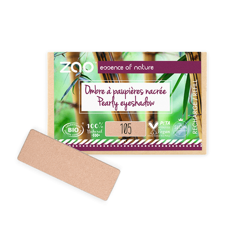 Packaging and beige powder eyeshadow refill for ORGANIC Natural Eye Shadow REFILL with natural and vegan certifications