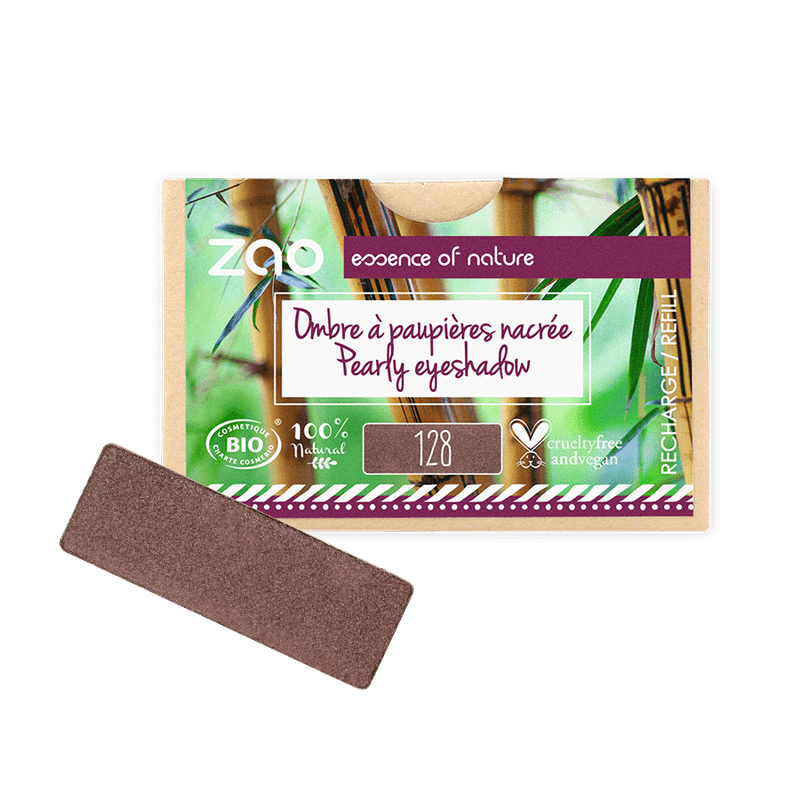 Close-up of ORGANIC Natural Eye Shadow REFILL in a brown shade with eco-friendly and cruelty-free packaging.