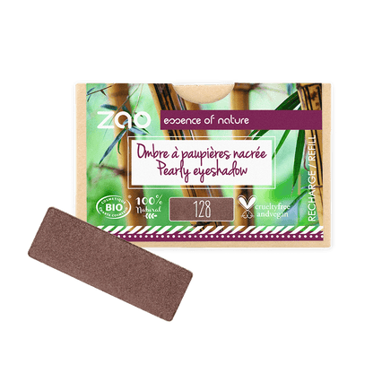Close-up of ORGANIC Natural Eye Shadow REFILL in a brown shade with eco-friendly and cruelty-free packaging.