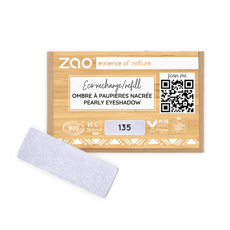 ORGANIC Natural Eye Shadow REFILL in light pearly lavender shade with eco-friendly packaging and QR code detail