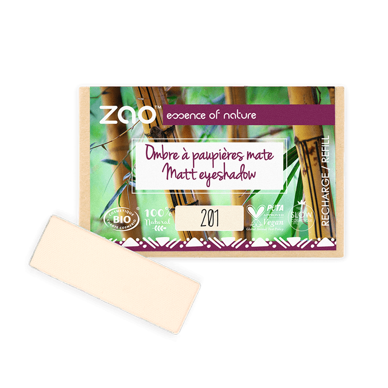 ORGANIC Natural Eye Shadow REFILL in a soft beige shade with eco-friendly, natural, and vegan packaging background.