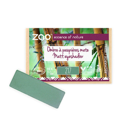 ORGANIC Natural Eye Shadow REFILL in green shade with eco-friendly and vegan label packaging against white background