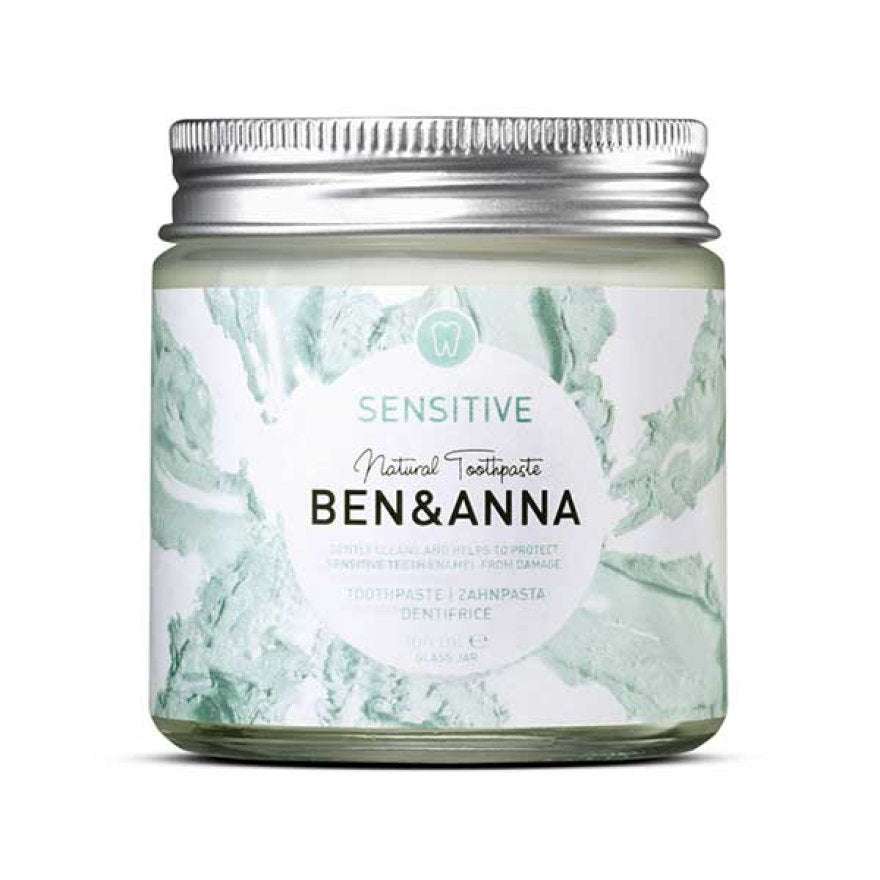 Jar of Ben & Anna sensitive natural toothpaste with a marble pattern on a white background