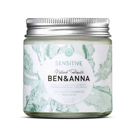 Jar of Ben & Anna sensitive natural toothpaste with a marble pattern on a white background