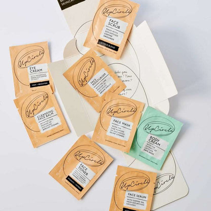 Collection of UpCircle skincare product packages on a light background