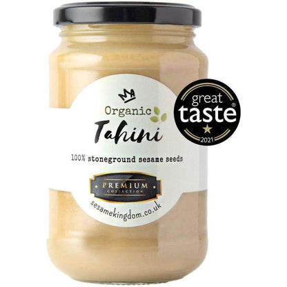 Jar of Organic Tahini with a Great Taste award on a white background