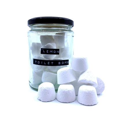 Toilet Bombs 100% Natural (20pcs) in a reusable jar, plant-based and cruelty-free lemon scent cleaning tabs.