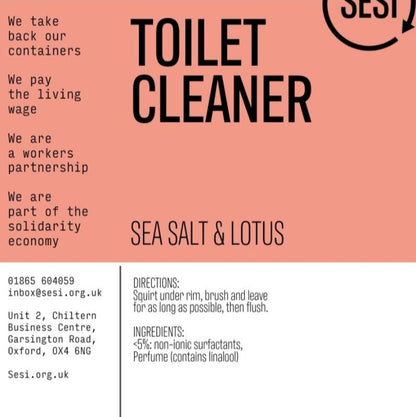 Sesi Household BULK toilet cleaner label with sea salt and lotus scent, emphasizing eco-friendly and worker partnership values.