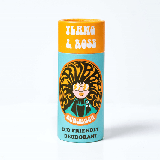 Natural Deodorant (60g) in colorful eco-friendly packaging with Ylang & Rose scent and retro style design