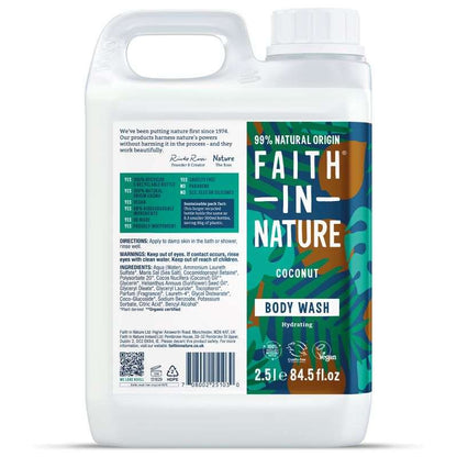 Faith in Nature coconut body wash bottle on a white background