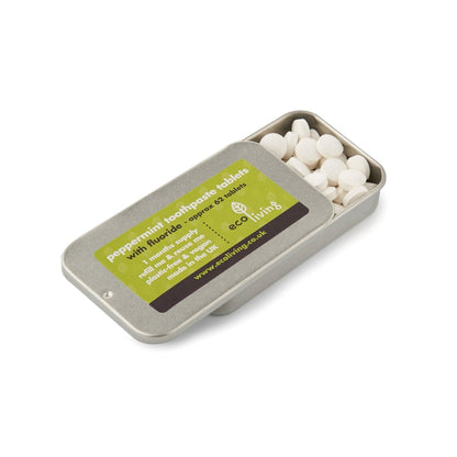 Eco-friendly metal tin with Toothpaste Tablets with FLOURIDE for plastic free, natural oral care refill.