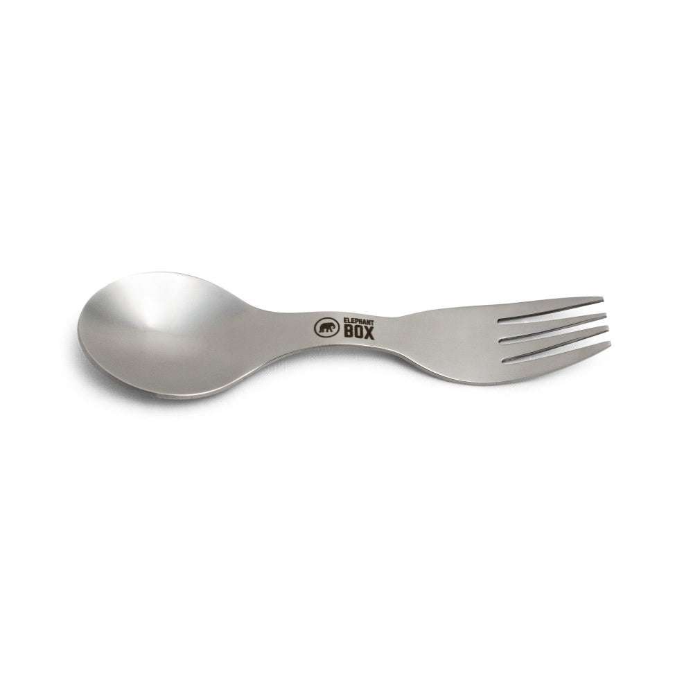 A stainless steel spork with a cork travel holder, displayed against a white background.