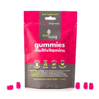 Multivitamin Gummies (60 Gummies) package with pink gummy vitamins on a white background, eco living branding visible