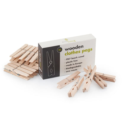 Wooden Clothes Pegs (20pcs) made from FSC beech wood, plastic free, biodegradable, zero waste, eco-friendly household essential.